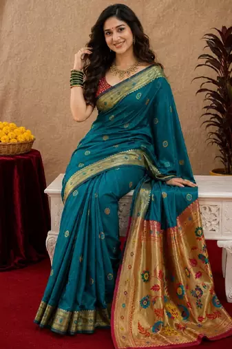 Teal blue soft silk blend banarasi jacuard work pethani saree with unstitched blouse piece