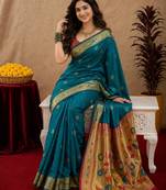Teal blue soft silk blend banarasi jacuard work pethani saree with unstitched blouse piece