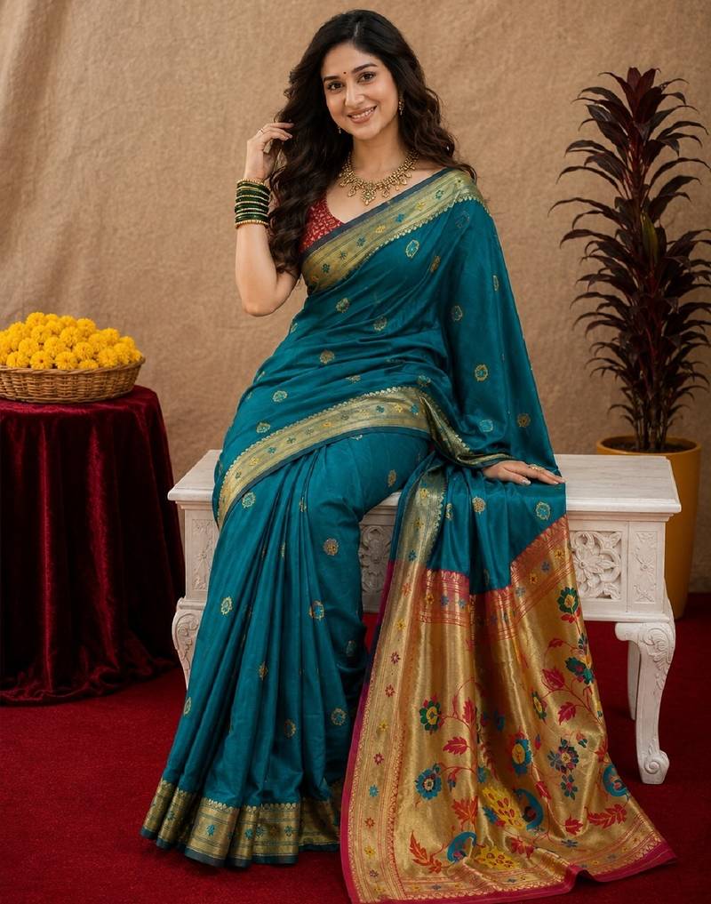 Teal blue soft silk blend banarasi jacuard work pethani saree with unstitched blouse piece