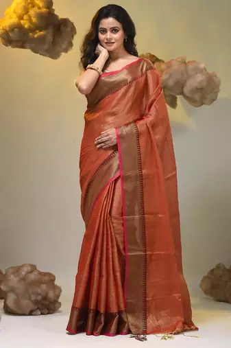 Red tissue soft saree with zari borders