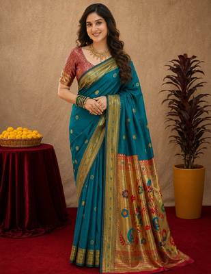 Teal blue soft silk blend banarasi jacuard work pethani saree with unstitched blouse piece 2