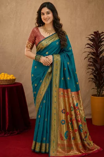 Teal blue soft silk blend banarasi jacuard work pethani saree with unstitched blouse piece