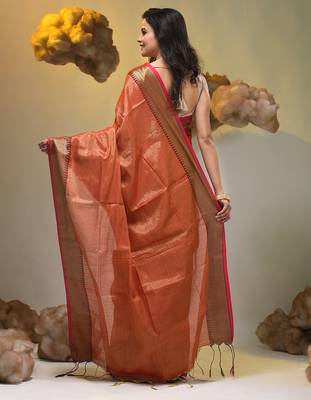 Red tissue soft saree with zari borders 2