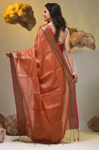 Red tissue soft saree with zari borders