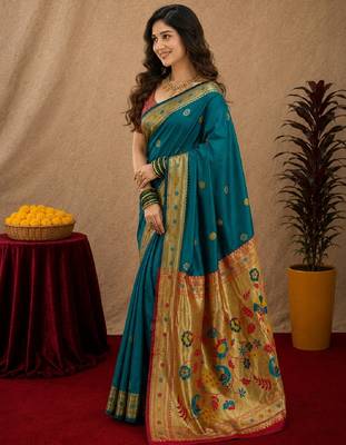 Teal blue soft silk blend banarasi jacuard work pethani saree with unstitched blouse piece 3