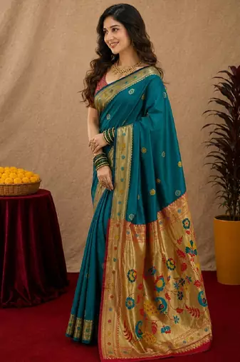Teal blue soft silk blend banarasi jacuard work pethani saree with unstitched blouse piece