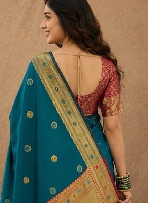Teal blue soft silk blend banarasi jacuard work pethani saree with unstitched blouse piece 4