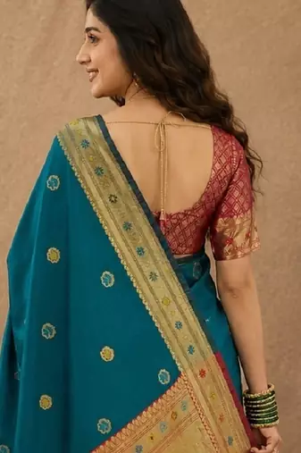 Teal blue soft silk blend banarasi jacuard work pethani saree with unstitched blouse piece