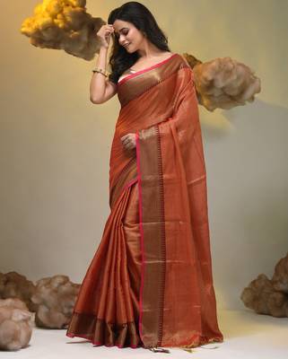 Red tissue soft saree with zari borders 3