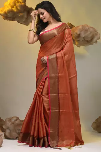 Red tissue soft saree with zari borders