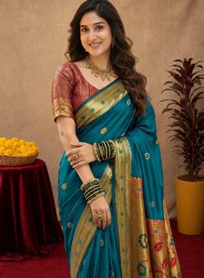 Teal blue soft silk blend banarasi jacuard work pethani saree with unstitched blouse piece 5