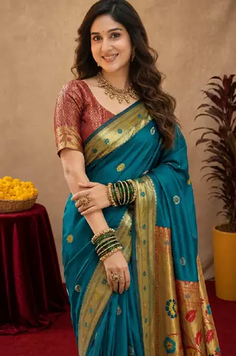 Teal blue soft silk blend banarasi jacuard work pethani saree with unstitched blouse piece