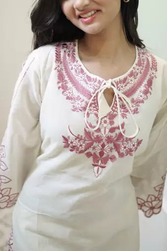 Ivory Cotton Kurta Set with Intricate Magenta Floral Embroidery 3-Piece Set