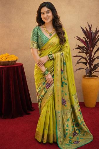 Parrot soft silk blend banarasi jacuard work pethani saree with unstitched blouse piece