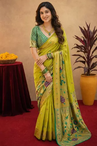Parrot soft silk blend banarasi jacuard work pethani saree with unstitched blouse piece