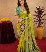 Parrot soft silk blend banarasi jacuard work pethani saree with unstitched blouse piece