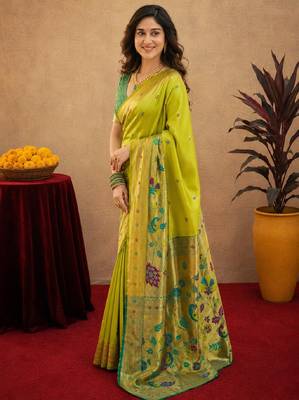 Parrot soft silk blend banarasi jacuard work pethani saree with unstitched blouse piece 2