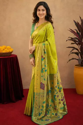 Parrot soft silk blend banarasi jacuard work pethani saree with unstitched blouse piece