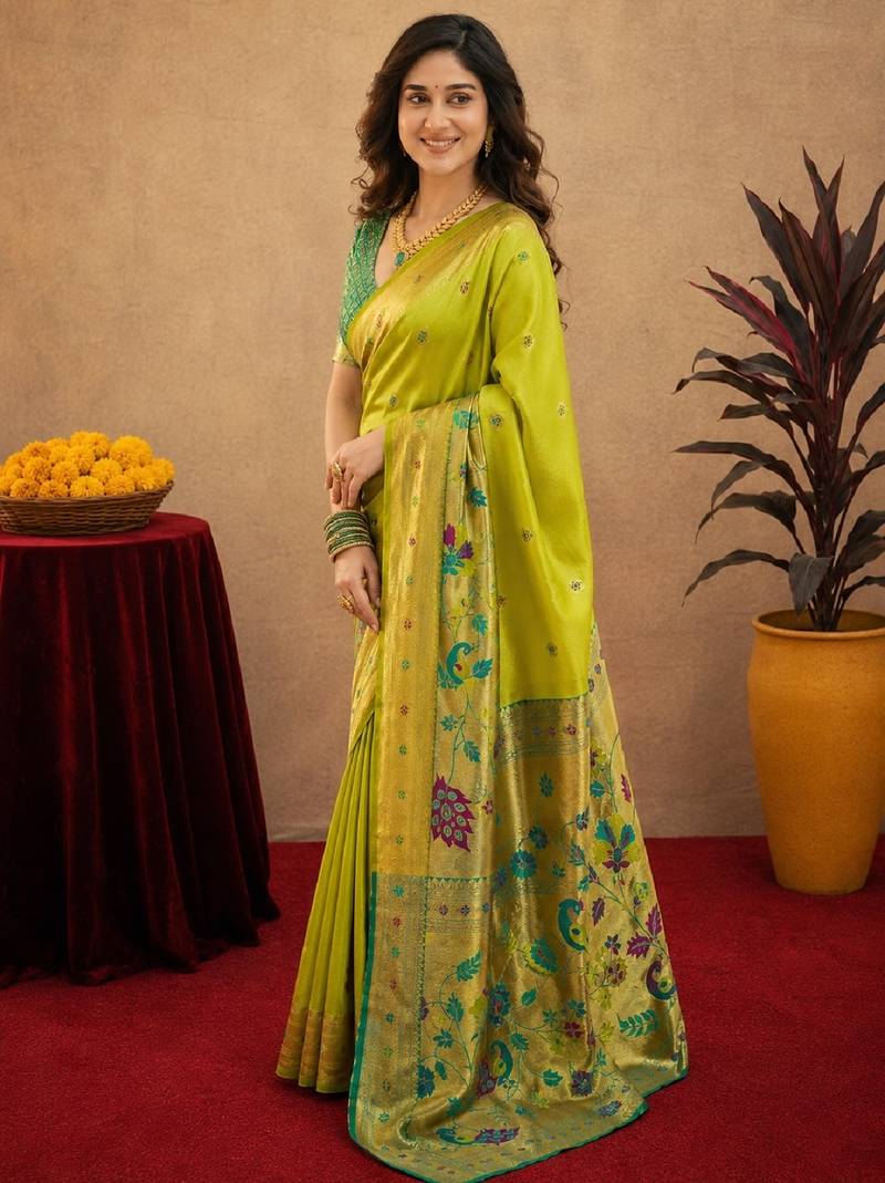 Parrot soft silk blend banarasi jacuard work pethani saree with unstitched blouse piece
