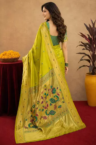 Parrot soft silk blend banarasi jacuard work pethani saree with unstitched blouse piece