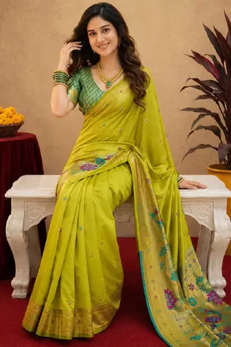 Parrot soft silk blend banarasi jacuard work pethani saree with unstitched blouse piece