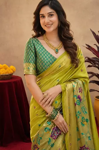 Parrot soft silk blend banarasi jacuard work pethani saree with unstitched blouse piece