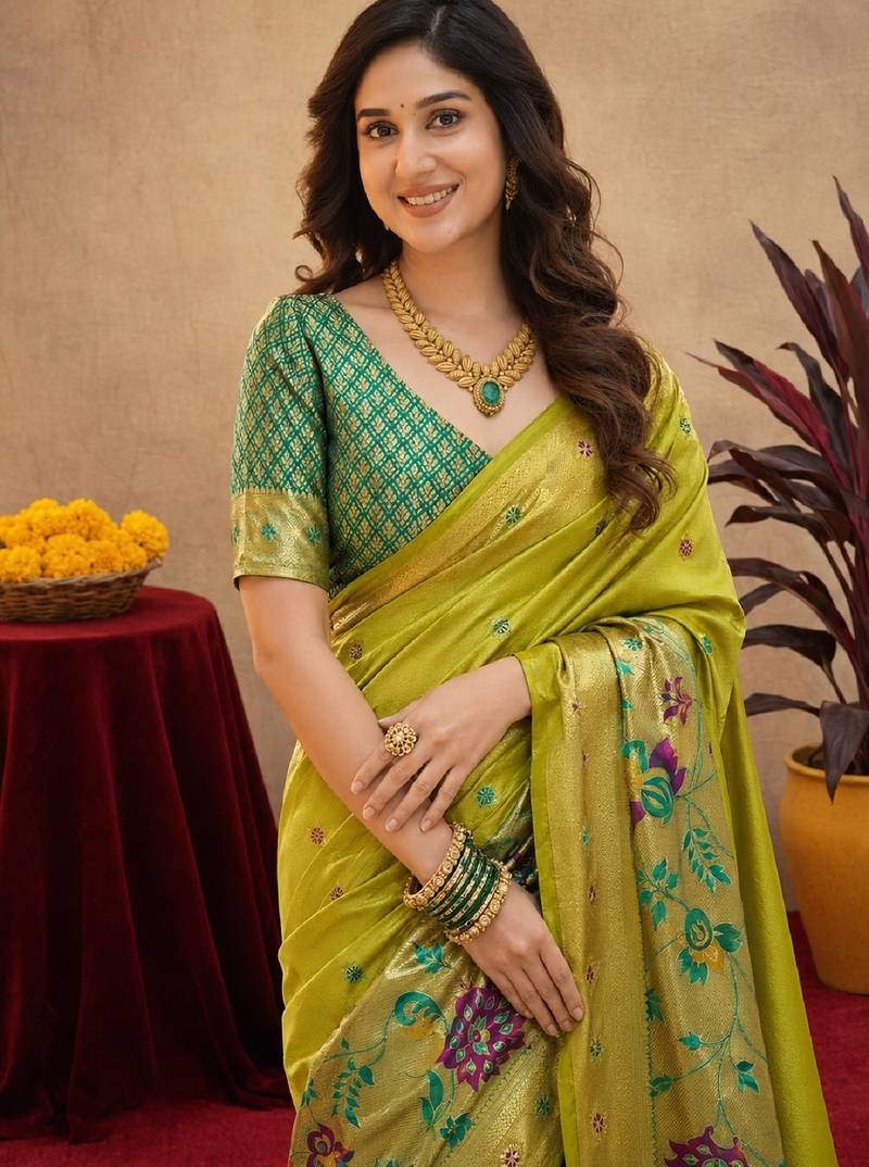 Parrot soft silk blend banarasi jacuard work pethani saree with unstitched blouse piece