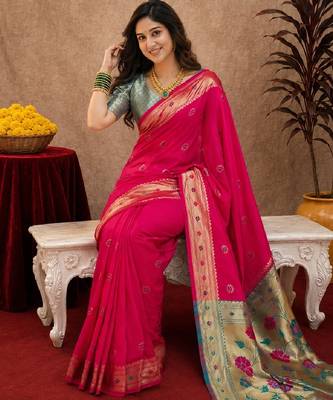 Rani pink soft silk blend banarasi jacuard work pethani saree with unstitched blouse piece 1