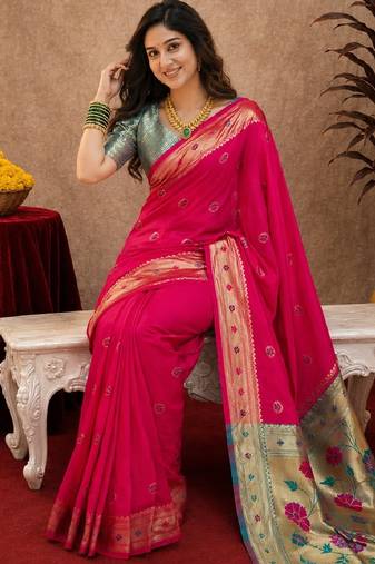 Rani pink soft silk blend banarasi jacuard work pethani saree with unstitched blouse piece