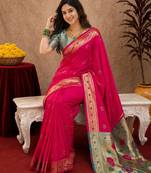 Rani pink soft silk blend banarasi jacuard work pethani saree with unstitched blouse piece