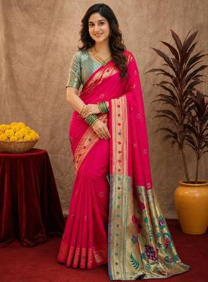 Rani pink soft silk blend banarasi jacuard work pethani saree with unstitched blouse piece 2
