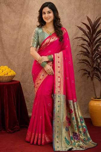 Rani pink soft silk blend banarasi jacuard work pethani saree with unstitched blouse piece
