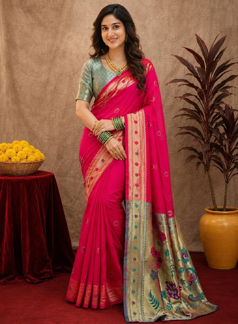 Rani pink soft silk blend banarasi jacuard work pethani saree with unstitched blouse piece