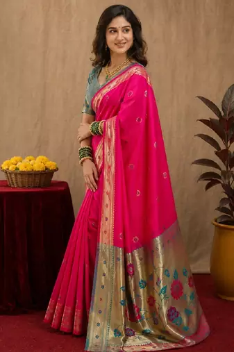 Rani pink soft silk blend banarasi jacuard work pethani saree with unstitched blouse piece