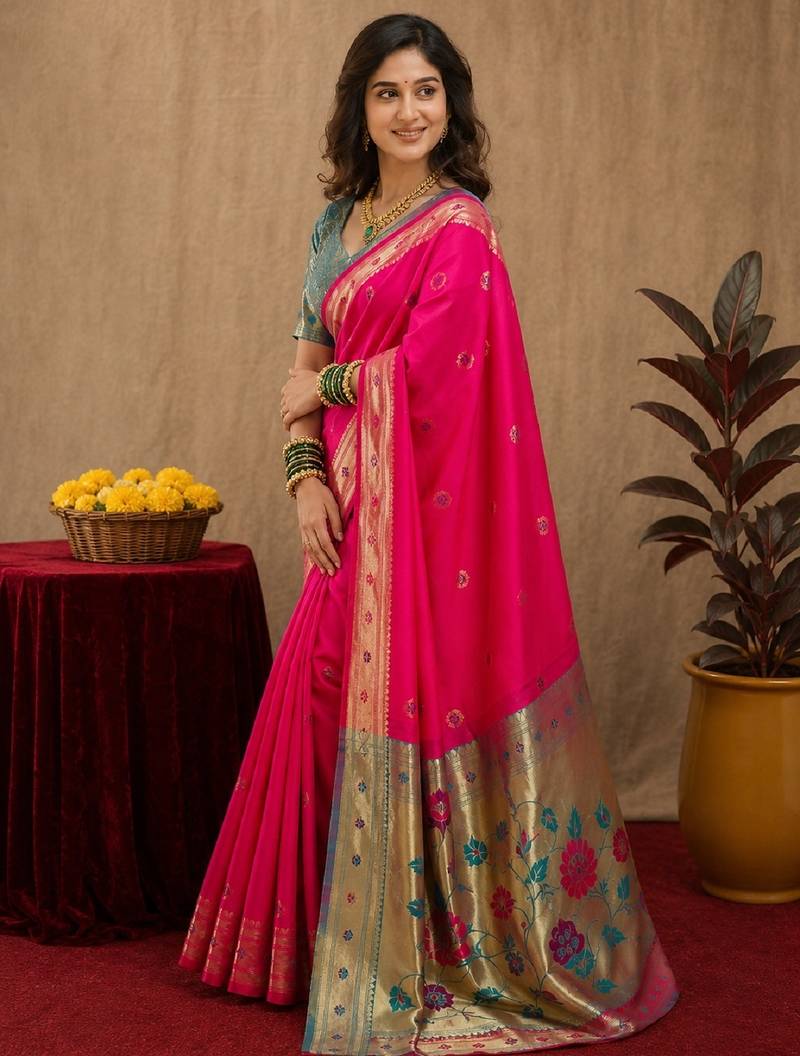 Rani pink soft silk blend banarasi jacuard work pethani saree with unstitched blouse piece