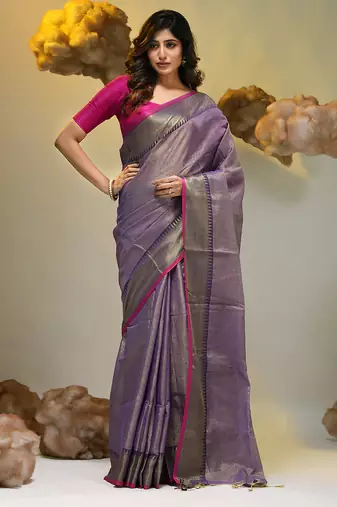 Purple tissue soft saree with zari borders