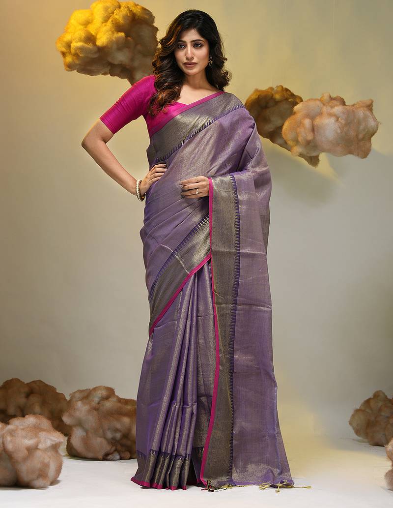 Purple tissue soft saree with zari borders