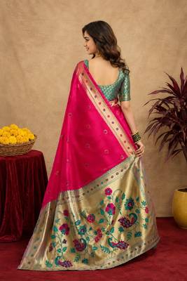 Rani pink soft silk blend banarasi jacuard work pethani saree with unstitched blouse piece 4