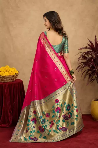 Rani pink soft silk blend banarasi jacuard work pethani saree with unstitched blouse piece