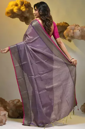 Purple tissue soft saree with zari borders