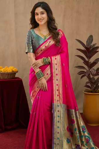 Rani pink soft silk blend banarasi jacuard work pethani saree with unstitched blouse piece