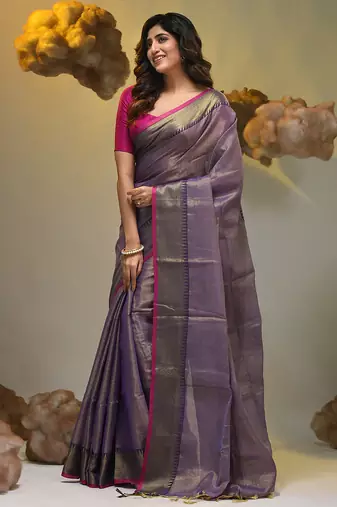Purple tissue soft saree with zari borders
