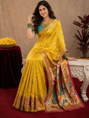 Yellow soft silk blend banarasi jacuard work pethani saree with unstitched blouse piece 1
