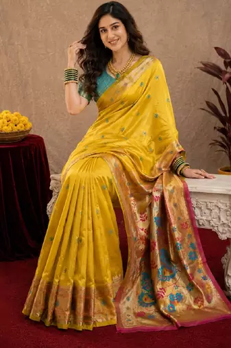 Yellow soft silk blend banarasi jacuard work pethani saree with unstitched blouse piece