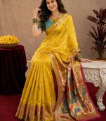Yellow soft silk blend banarasi jacuard work pethani saree with unstitched blouse piece