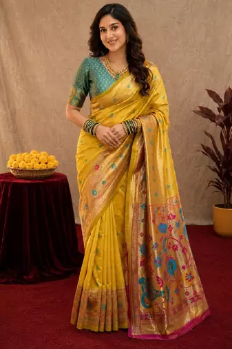 Yellow soft silk blend banarasi jacuard work pethani saree with unstitched blouse piece
