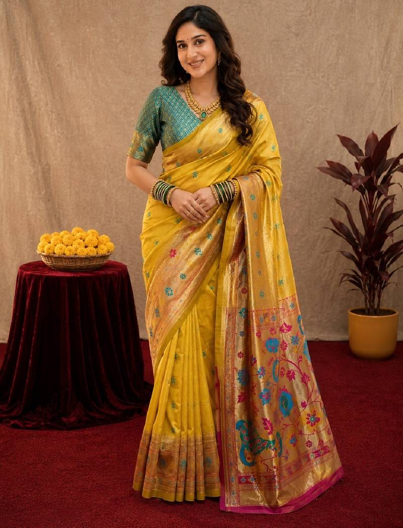 Yellow soft silk blend banarasi jacuard work pethani saree with unstitched blouse piece