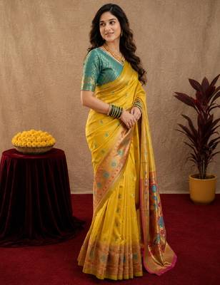 Yellow soft silk blend banarasi jacuard work pethani saree with unstitched blouse piece 3