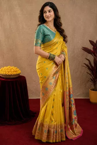 Yellow soft silk blend banarasi jacuard work pethani saree with unstitched blouse piece