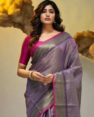 Purple tissue soft saree with zari borders 5